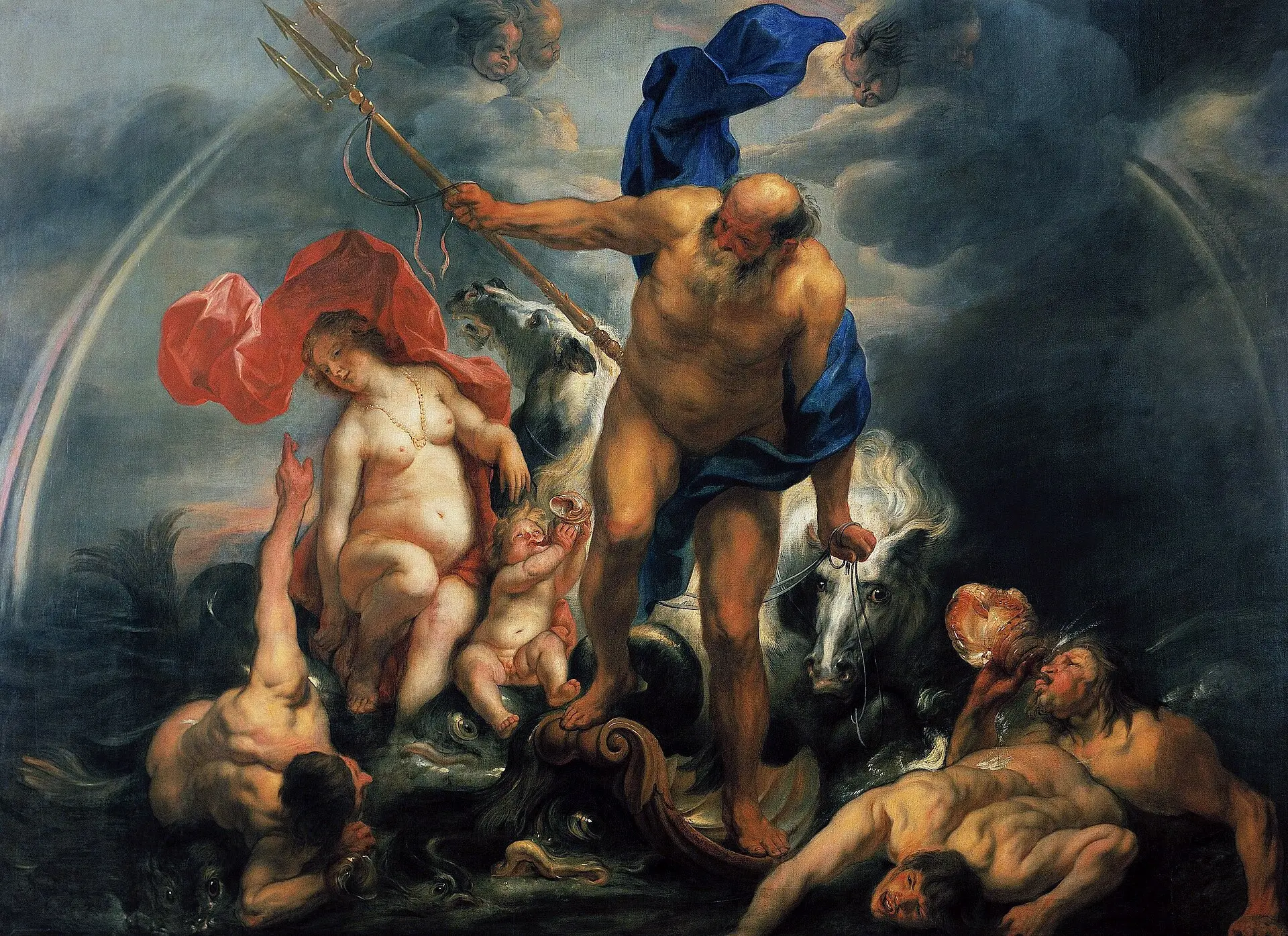 O deus do mar, de tridente em punho, conduz cavalos marinhos através de ondas revoltas.